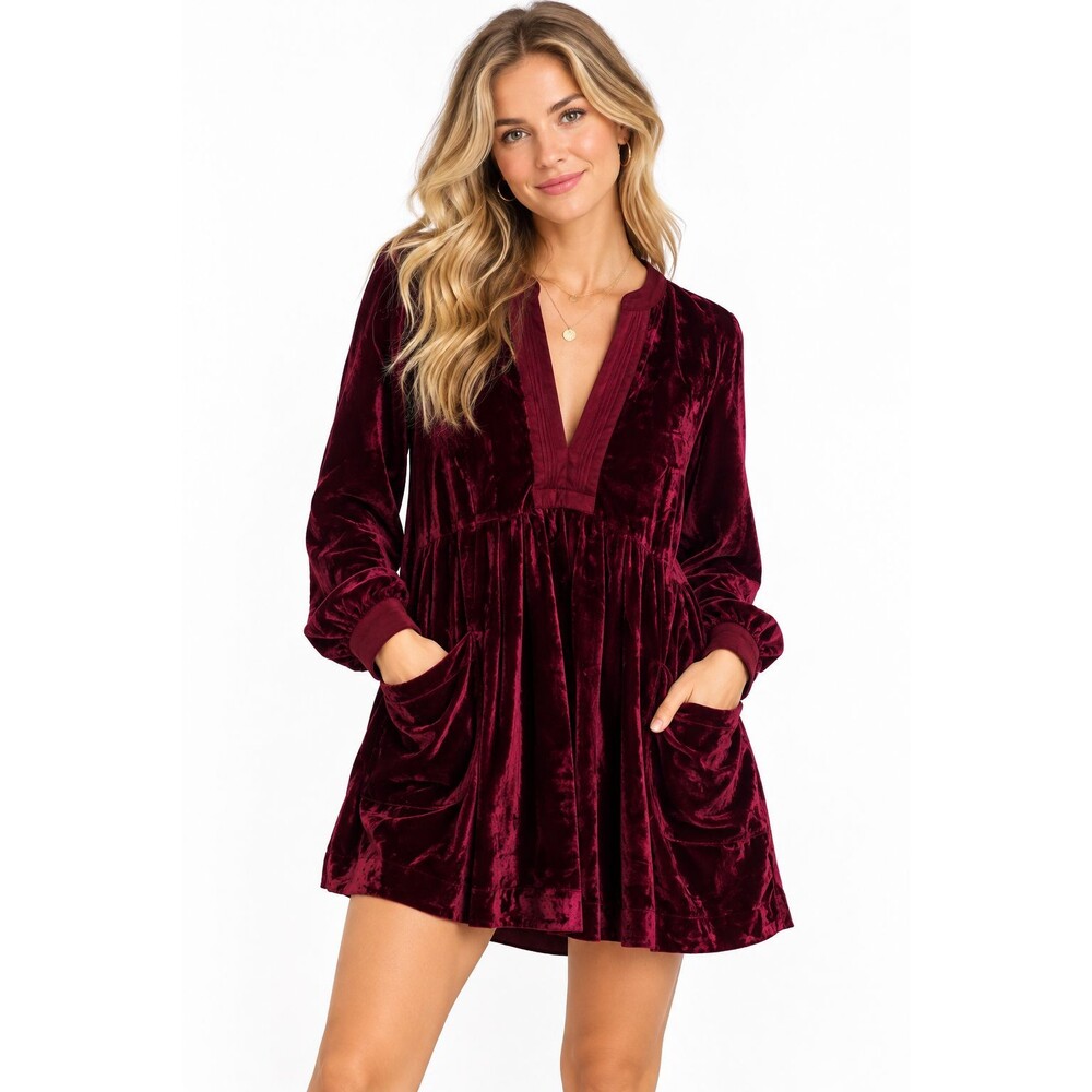 Free People Choose Me Velvet Tunic Mini Dress Size Small Red Bohemian V-Neck